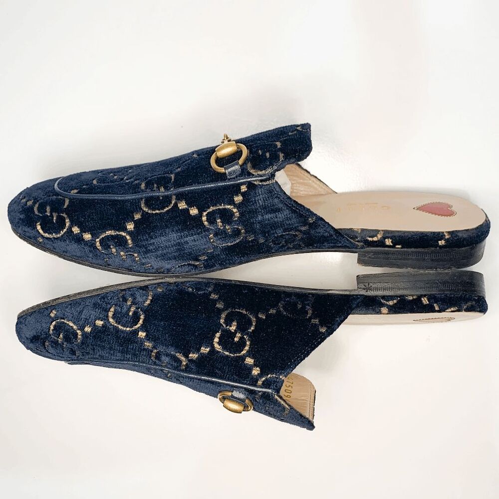SOLD Gucci Princetown Horsebit Mules Navy Blue GG Logo Velvet Flat Loafers - Picture 7 of 14